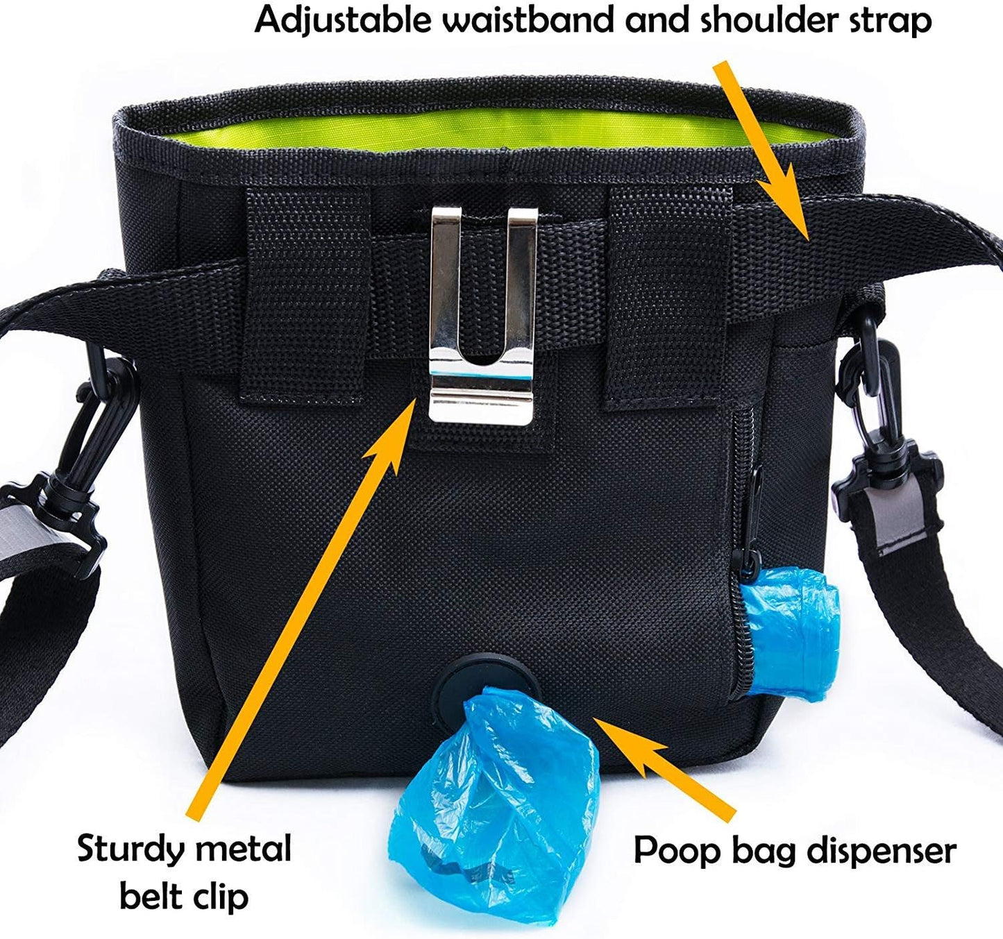 Dog Treat Pouch for Training & Walking, Pet Treat Bag with Poop Bag Dispenser, Pro Clicker, Collapsible Travel Bowl & Reflective Shoulder Strap - Black/Green