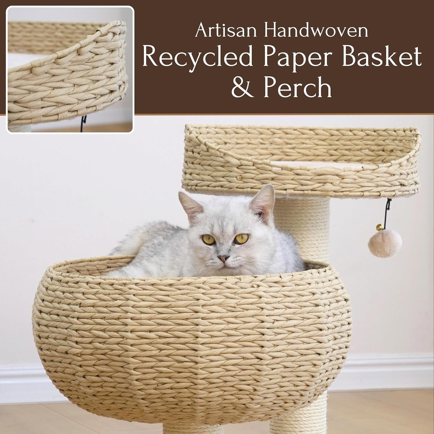 23" High Handwoven Recycled Paper Rope Baskets Bed and Perch, Sisal Scratching Post, Playful Teaser Toy, Washable Cushion, for Indoor Cats (Beige)