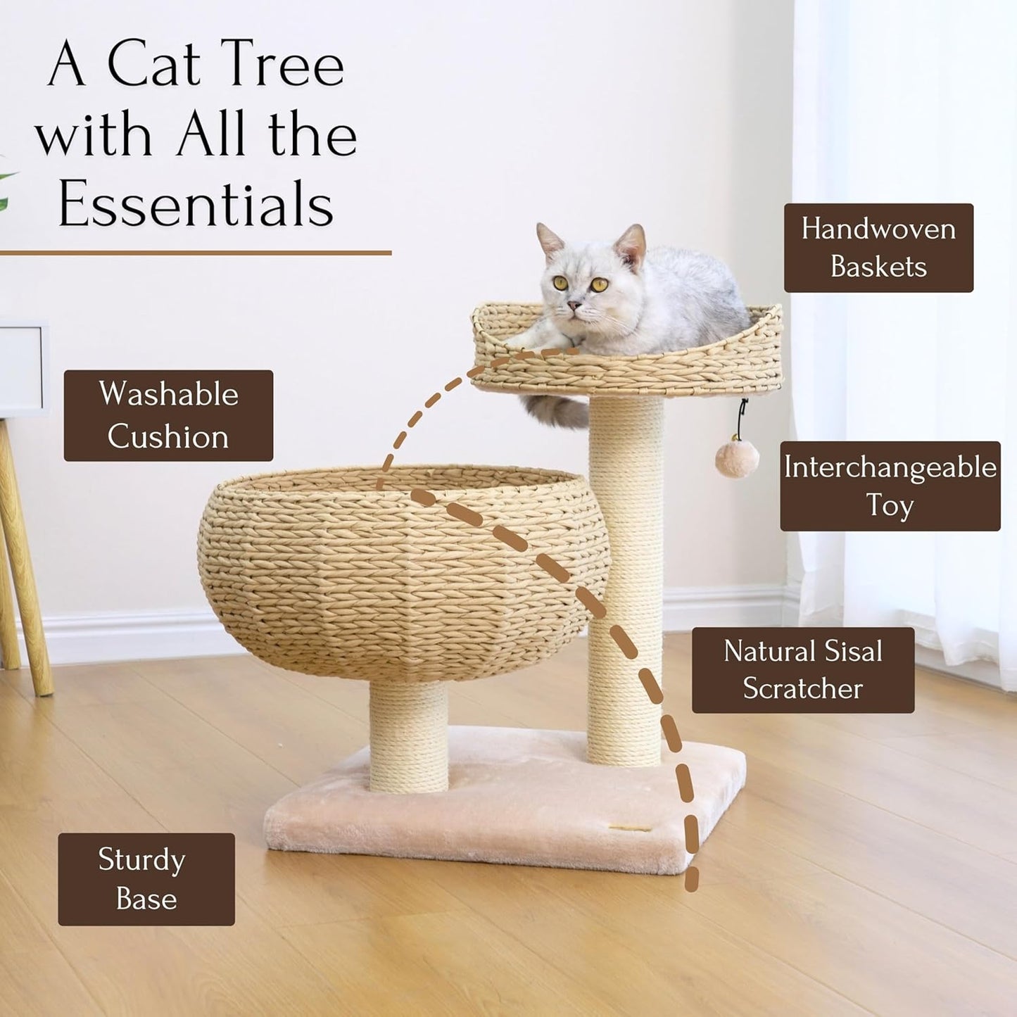 23" High Handwoven Recycled Paper Rope Baskets Bed and Perch, Sisal Scratching Post, Playful Teaser Toy, Washable Cushion, for Indoor Cats (Beige)