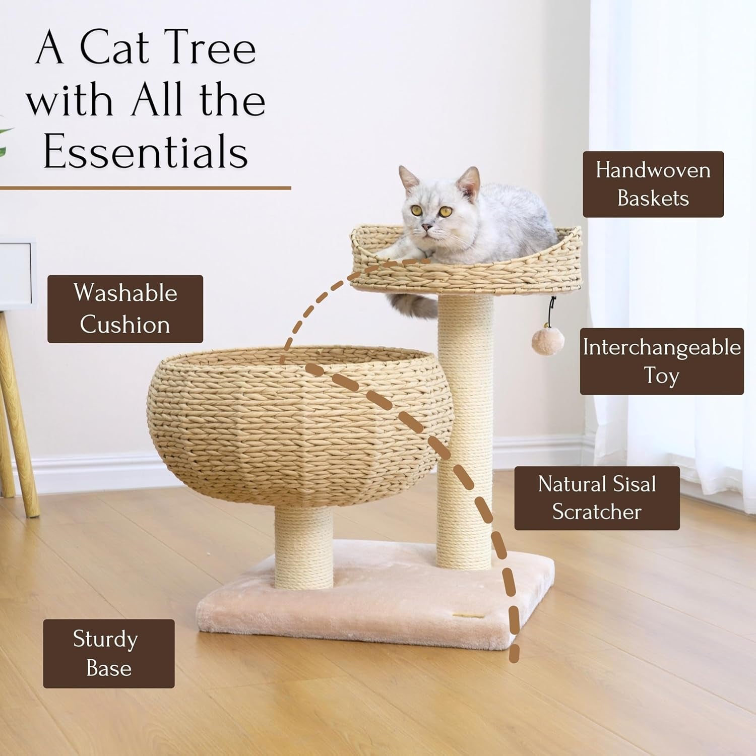 23" High Handwoven Recycled Paper Rope Baskets Bed and Perch, Sisal Scratching Post, Playful Teaser Toy, Washable Cushion, for Indoor Cats (Beige)