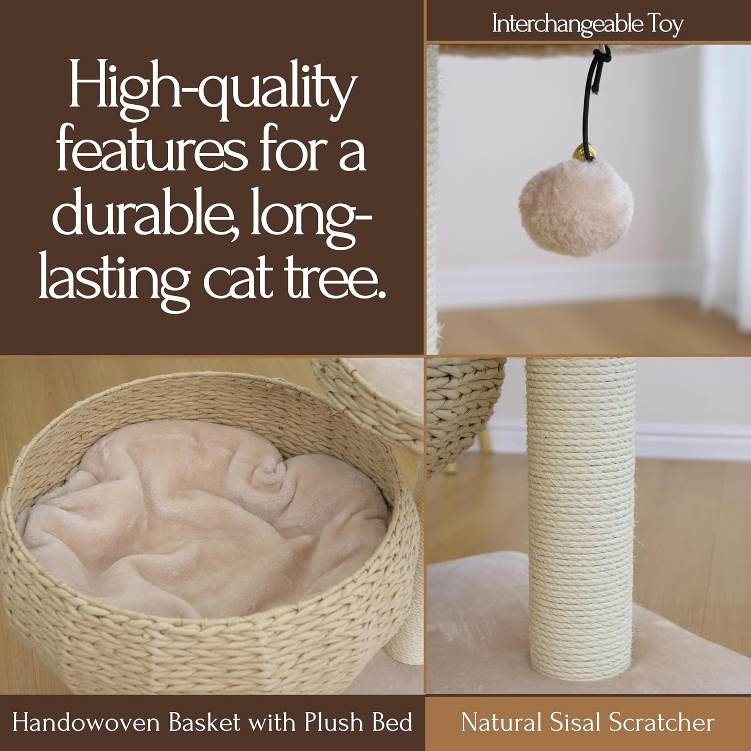 23" High Handwoven Recycled Paper Rope Baskets Bed and Perch, Sisal Scratching Post, Playful Teaser Toy, Washable Cushion, for Indoor Cats (Beige)