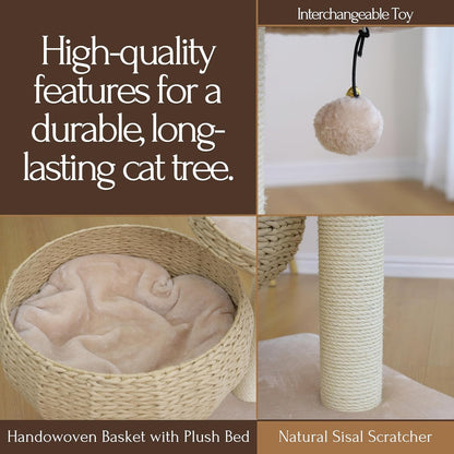 23" High Handwoven Recycled Paper Rope Baskets Bed and Perch, Sisal Scratching Post, Playful Teaser Toy, Washable Cushion, for Indoor Cats (Beige)