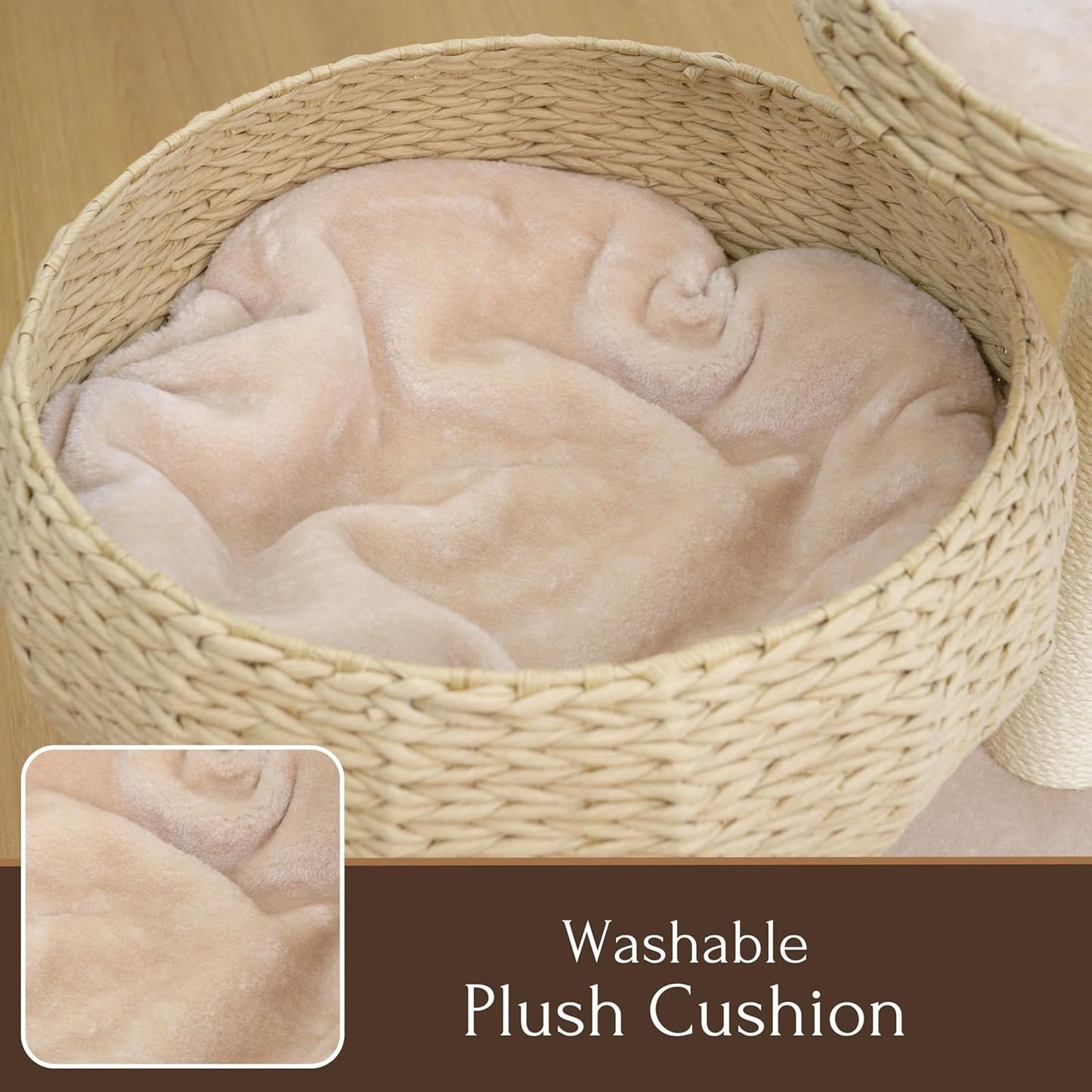 23" High Handwoven Recycled Paper Rope Baskets Bed and Perch, Sisal Scratching Post, Playful Teaser Toy, Washable Cushion, for Indoor Cats (Beige)