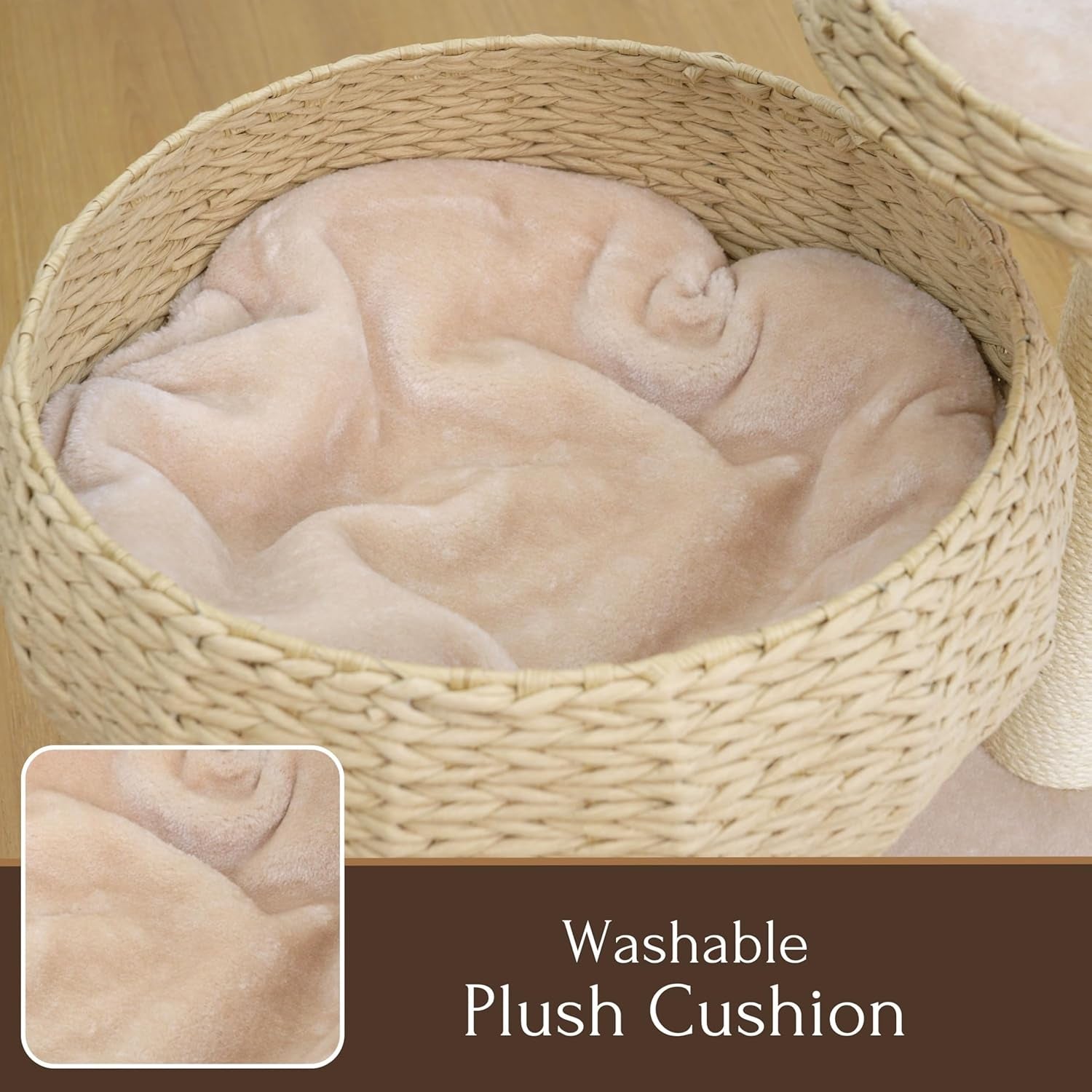 23" High Handwoven Recycled Paper Rope Baskets Bed and Perch, Sisal Scratching Post, Playful Teaser Toy, Washable Cushion, for Indoor Cats (Beige)