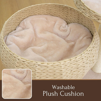 23" High Handwoven Recycled Paper Rope Baskets Bed and Perch, Sisal Scratching Post, Playful Teaser Toy, Washable Cushion, for Indoor Cats (Beige)