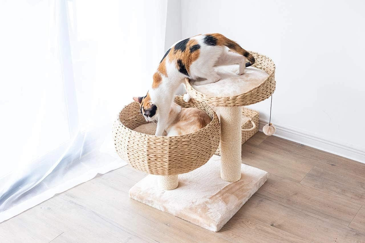 23" High Handwoven Recycled Paper Rope Baskets Bed and Perch, Sisal Scratching Post, Playful Teaser Toy, Washable Cushion, for Indoor Cats (Beige)