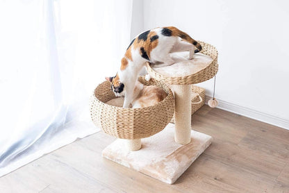 23" High Handwoven Recycled Paper Rope Baskets Bed and Perch, Sisal Scratching Post, Playful Teaser Toy, Washable Cushion, for Indoor Cats (Beige)