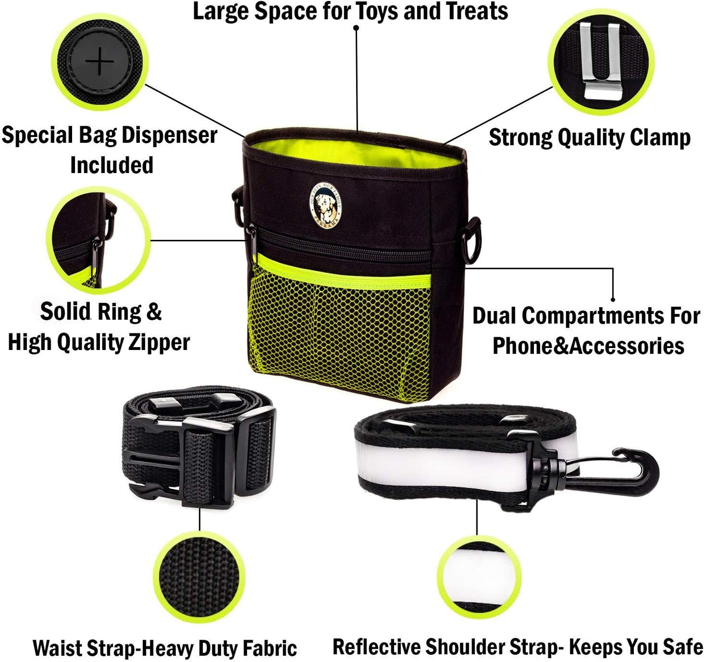 Dog Treat Pouch for Training & Walking, Pet Treat Bag with Poop Bag Dispenser, Pro Clicker, Collapsible Travel Bowl & Reflective Shoulder Strap - Black/Green