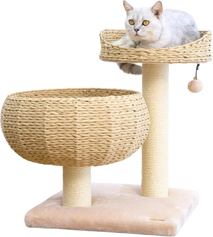 23" High Handwoven Recycled Paper Rope Baskets Bed and Perch, Sisal Scratching Post, Playful Teaser Toy, Washable Cushion, for Indoor Cats (Beige)