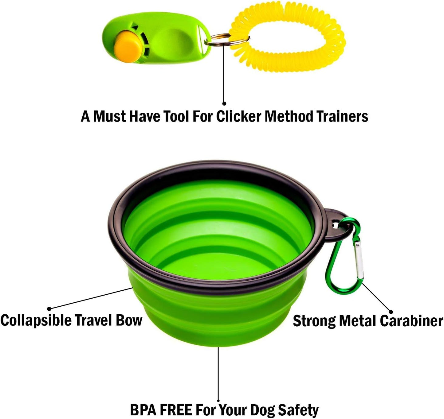 Dog Treat Pouch for Training & Walking, Pet Treat Bag with Poop Bag Dispenser, Pro Clicker, Collapsible Travel Bowl & Reflective Shoulder Strap - Black/Green