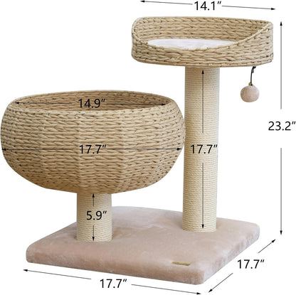 23" High Handwoven Recycled Paper Rope Baskets Bed and Perch, Sisal Scratching Post, Playful Teaser Toy, Washable Cushion, for Indoor Cats (Beige)